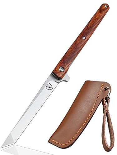 AUBEY Klappmesser mit Ledertasche, Tanto Taschenmesser mit Holzgriff und Scharf Klinge, Einhandmesser für Outdoor Jagd Camping