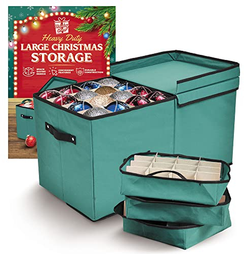 Holiday Cheer Premium Christmas Ornament Storage with 8 Tray - Christmas Storage Container with Dividers Perfect for Holiday Decorations - Fits 128 Holiday Ornaments - Tear-Proof Fabric (Green)