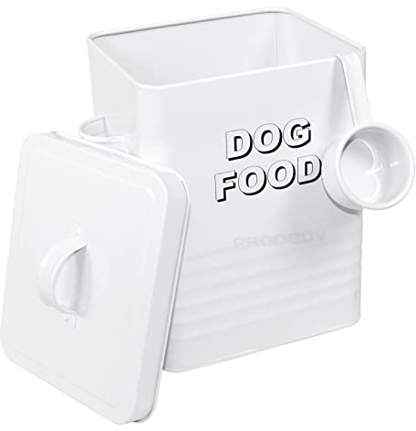 HOMION Metal dog food tin pets food storage box container canister lid with scoop (White)