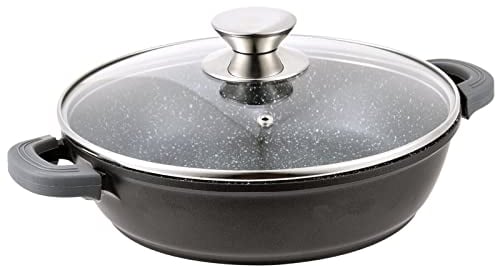 Sauteuse Ø 32 cm avec couvercle en verre - Poêle de service - Poêle à frire - Poêle à frire - Poêle à frire en fonte d'aluminium - Revêtement marbre