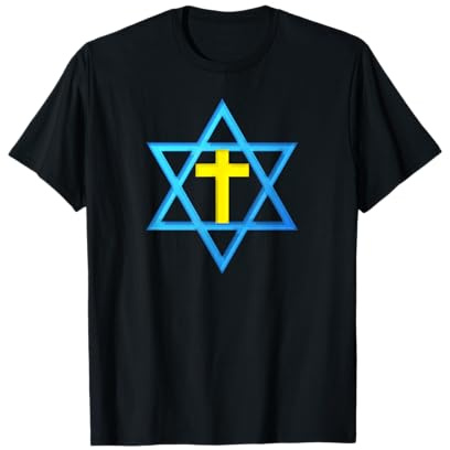 T-shirt messianique étoile de David avec croix dorée T-Shirt