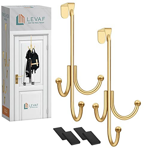 LEVAF 2-Pack Over The Door Hook - with 3 Hang Heads & Snug Fit Pads- 2Pcs Heavy Duty Hooks for Hanging Coats, Towels, Caps & Wreath - Elegant Matt Finish - No Drill Hanger Organizer - Gold