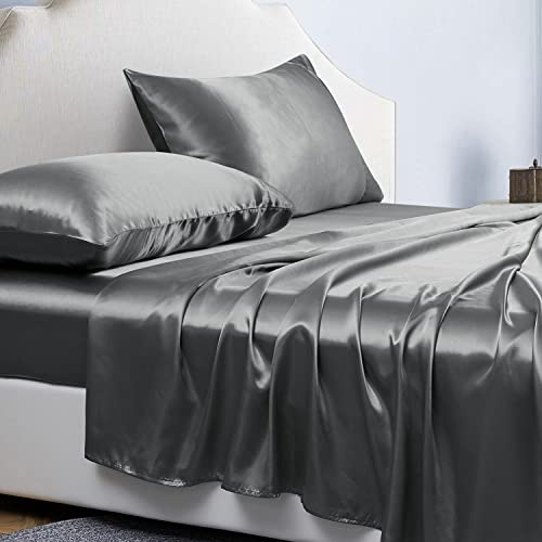 Jemiipee Spannbettlaken 3teilig Satin Glänzend Einfarbig, 90x190 cm für Matratzen bis 36cm, Betttuch Leintuch Set mit Bettlaken, Spannbetttuch, 1 Kissenbezug - Dunkelgrau