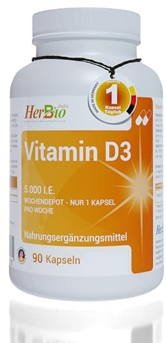 HerbBio Vitamin D3 Kapseln hochdosiert, 90 vegetarische Kapseln reich an 5.000 i.E. Vitamin D3 pro Kapsel, Langzeitvorrat, Unterstützung von Knochen, Zähne, Muskeln und Immunsystem, Made in Germany