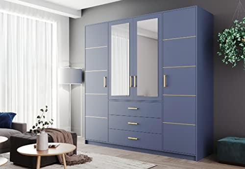ML Furniture Ltd Kleiderschrank Bali D4 mit Spiegel 196 cm, 3 Schubladen, Garderobeschrank Schlafzimmer, Wohnzimmerschrank, Mehrzweckschrank Farbe: Blau
