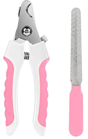 KTHZI Dog Nails Clippers Trimmer with Safety Guard to Avoid Over-Cutting, Razor Sharp Blades with Bonus Dog Nail File, Cat Claw Clippers with Sturdy Non Slip Handles for Pets Dog Cat(Pink & White)