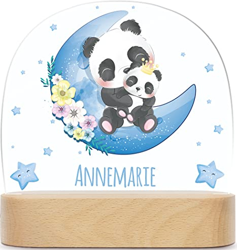 GRAVURZEILE Personalisiertes Kinder Nachtlicht - Mond Design - LED Nachttischlampe für das Kinderzimmer - Personalisierte Geschenke für Kinder & Babys - Geschenk zur Geburt - Babygeschenk - Panda