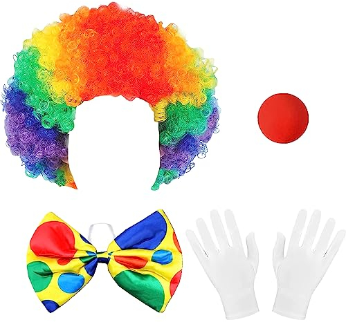 YOUYIKE Clown Kostüm Set - 5-Teiliges Accessoire Mit Lockenperücke, Nase, Schleife Und Handschuhe - Für Kinder, Karneval, Ostern Und Halloween