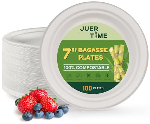 Juertime Heavy Duty Paper Plates 7 inch - 100 Pack Bagasse Strong Disposable Plates - Eco-Friendly, Compostable, Biodegradable - Perfect for Appetizers and Desserts