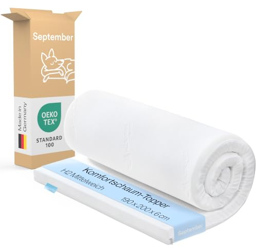 September Topper 190x200 cm H2 mittelweich Komfortschaum Höhe 6 cm | Made in Germany, OEKO-TEX STANDARD 100, CertiPUR, Druckentlastend, Aloe Vera Bezug, Reißverschluss, Abnehmbar, Waschbar 60°C