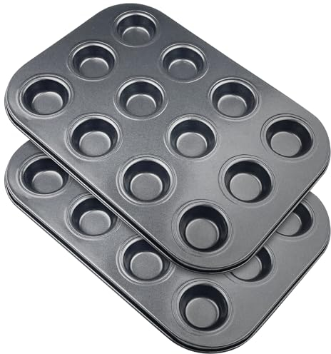 Baxcdyswe Juego de 2 Molde Magdalenas Horno, Mini Bandejas para Hornear Recubrimiento Antiadherente Molde, Reutilizables Muffins de Acero al Carbono para 12 Magdalenas para Brownie, Pudín, Cupcake