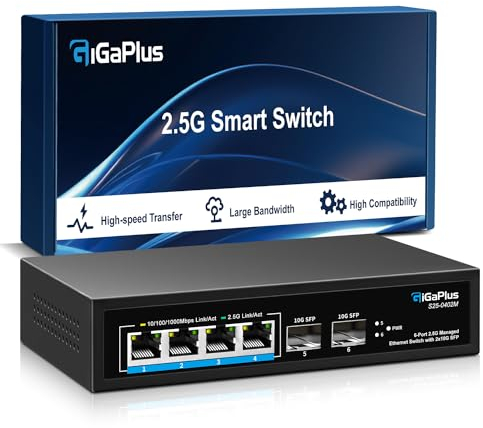 Commutateur Ethernet géré 6 Ports 2.5G avec 2*10G SFP+ & 4*2.5G Base-T, GiGaPlus 2.5Gb Switch Support QoS/VLAN/IGMP/LAG Networking Functions Ideal for 2.5Gbe NAS/PC, WiFi6 Router Wireless AP