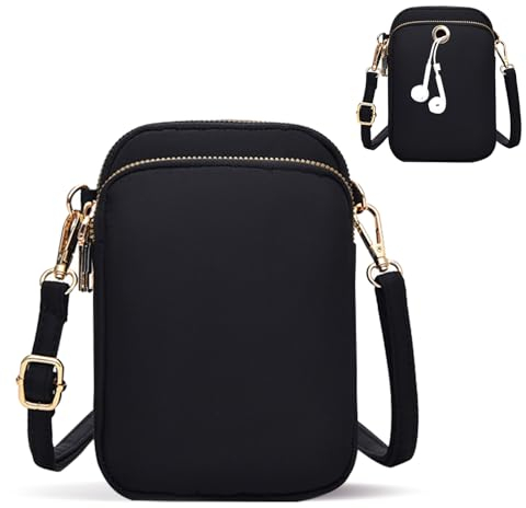 Minicloss Damen Handytasche Kleine Handy Umhängetasche, Kleine Crossbody Bag Schultertasche Geldbörse Phone Tasche mit Verstellbar Abnehmbar Schultergurt und Kopfhöreranschluss für Handy (Schwarz)