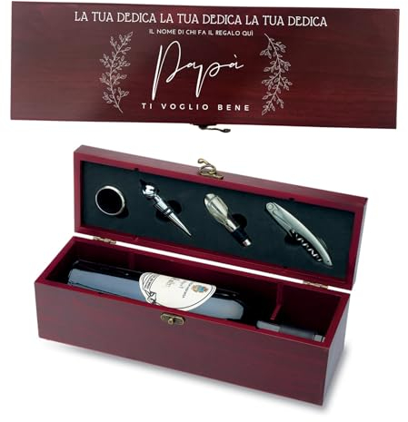 CASSETTA REGALO in Legno + SET 4PZ Apri Bottiglia, Tappo, Dosatore, Anello salva goccia Porta Bottiglie Vino Spumante elegante Idea Regalo per lui Papà Compleanno Personalizzata con testo nome dedica