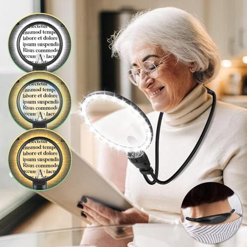NZQXJXZ 10X Lupa Manos Libres con Luz, Lupa con Luz Ajustable para Lectura Trabajo de Cerca, Cuello de Cisne Flexible Lupa HD Grande para Libros,Costura Mayores (3 Modos de Iluminación)