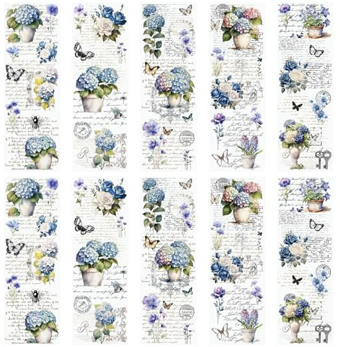 WANDIC 10 fogli adesivi trasferibili vintage blu floreali adesivi impermeabili per mobili, finestre, decorazioni artigianali per casa e ufficio, 30 x 9,9 cm