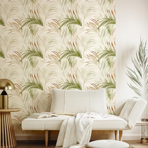 Ambiance Sticker Papier Peint Intissé Pré-encollé Rouleau Wallpaper Tropical Feuilles de Palmier Vert Pastel Adhésif Décorative - 1 Roulle de H300 x L60 cm