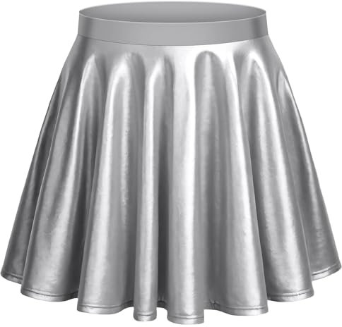 Aomig Mädchen Basic Solid Vielseitige Metallischer Faltenrock Outfits Damen Kurze Informell Mini Skater Rock Dehnbaren Glocken Rock Silber Cosplay Party 80er Festival Kostüm Hohe Taille Plisseerock(M)