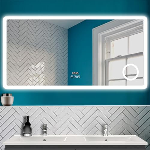 HAPAOSO Miroir Salle de Bain LED 160x80 cm,avec Bluetooth,3X loupe,Horloge,3 Couleurs+dimmable,Anti-buée, Miroir Mural