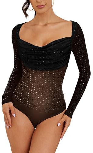 MAYFASEY Damen Strass Quadratischer Ausschnitt Durchsichtiges Mesh Langarm Bodysuit Gerüschter Body Anzüge Ausgehen Tops, Schwarz, S