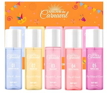 Amour De Carnaval - Body Mist Collection 5x50ml - Mightnight Passion, Golden Sun, Sugar Berry, Perfect Paradise, Tropical Bliss - Women's Premium Body Mist Spray - By Laurelle London