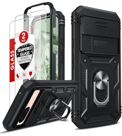LeYi Coque pour Google Pixel 8A/8 A avec 2*Verre Trempé+Anneau Support,Full Protection de la Caméra en PC Dur Anti-Chut Renforcée Armor Heavy Duty Antichoc Bumper Housse Etui,Noir