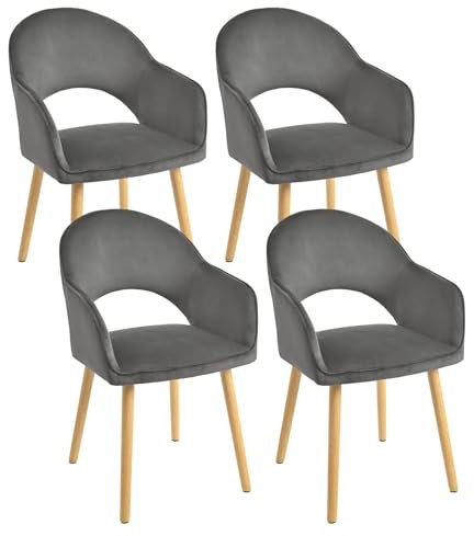 Goeurvant Lot de 4 chaises de Salle à Manger avec accoudoirs, rembourrées, en Velours, Pieds en Bois, Gris foncé