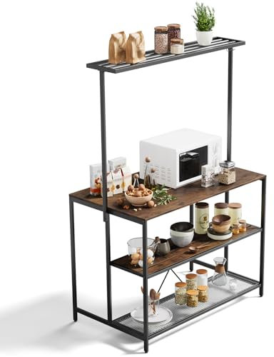 Warmiehomy Kitchen Bakers Rack, 4 Tiers Kitchen Island Dining Table Breakfast Bar Table Microwave Shelf for Home Bar Dining Room, with Large Table Top, Metal Shelf, Hooks, Industrial Vintage Brown