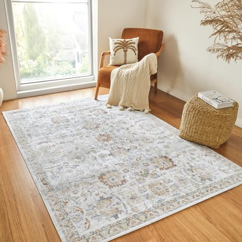 Livabliss Doha Machine Washable - Vintage Areas Living Room, Large 140x200 cm - Traditional Boho Style, Dining Room, Kitchen, Outdoor, Hallway - Ivory, Light Grey, Gold and Blue