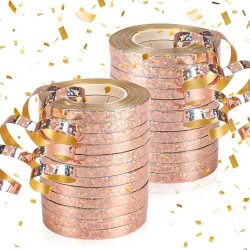 Xialvyu 24 Rollen Luftschlangen, 10m Metallic Rosegold Silber Glitzernden Satinband, Kindergeburtstag Party Deko für Geburtstag, Hochzeit, Karneval