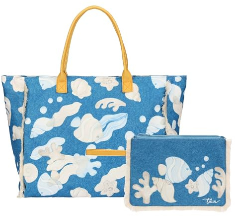 THUN Borsa mare con pochette, 100% poliestere, Collezione Mare da Amare, 42 x 37 x 14 cm