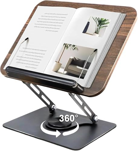 Support de lecture réglable en bois avec base rotative à 360 °, support de livre de recettes avec clip latéral pour recette, magazine, tablette, ordinateur portable, rétro élégant