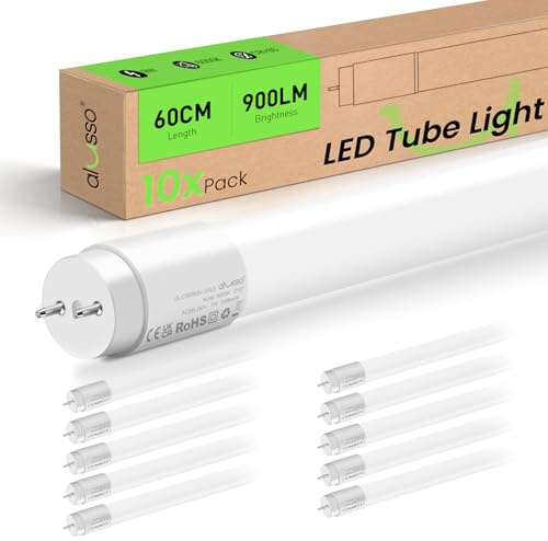 ALUSSO LED Röhre 60cm 6000K Kaltweiß, 9W T8 Leuchtstoffröhre 10-er Pack | Hohe Helligkeit 900LM ersetzen 18W, Inklusive G13 Starter, 210° Abstrahlwinkel, Geeignet für Büros, Garagen, Lagerhallen