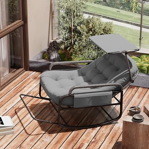 Fauteuil à Bascule de Jardin, Chaise à Bascule D'extérieur en Rotin avec Repose-Pieds Rabattable, Dossier Réglable et Pare-Soleil，Cadre en Métal,pour Chambre Salon Porche Jardin Terrasse,Gris