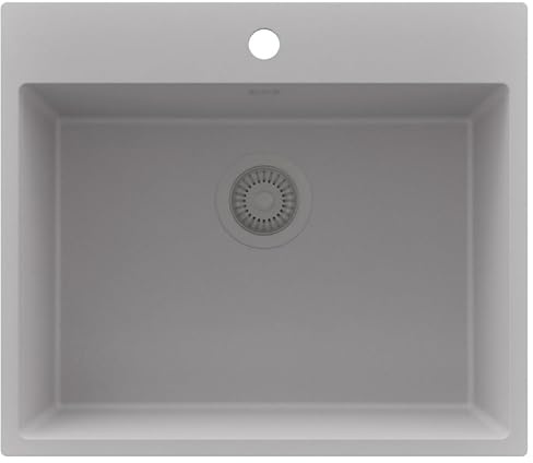 PRIMAGRAN Spülbecken ab 60er Unterschrank + Ablauf-Set, 58x50cm | Set: Ablauf-Set (Siphon, Ablaufgarnitur, Überlauf) + Granitspüle 1 Becken - Riga, Alles Grau