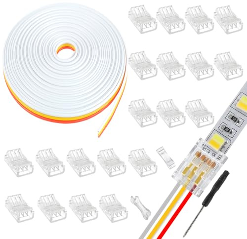 EPLZON 3 Pin 10 mm LED Strip Connector LED Light Quick Connector RGB Lights Adapter Clear Unwired Gapless Track Lighting Connector with 5M/16.4ft Cable(20pcs)