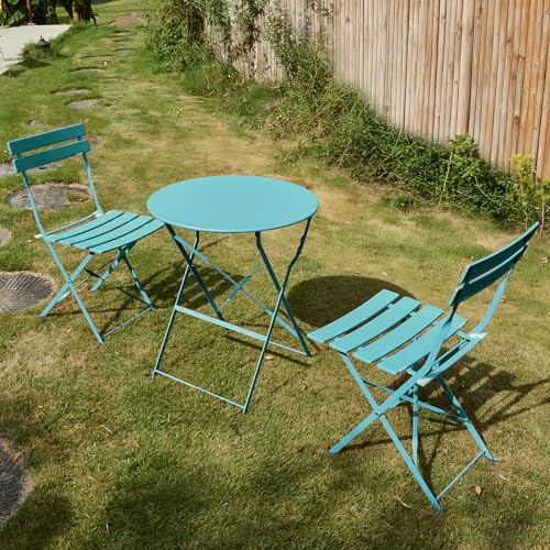 RELAX FIELD Bistrotisch mit 2 Stühlen, Bistro Set, Balkonmöbel Wetterfest | Balkonset, 2 Stühle und 1 Tisch, Gartentisch mit Stühlen, Balkontisch Klappbar, Gartenmöbel, für Balkon Garten, Pfauenblau