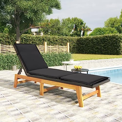 Hoopleep Sonnenliege mit Kissen, Poly Rattan und massivem Akazienholz, 200x54x87 cm, verstellbar, für Terrasse, Garten, Pool, Schwarz/Braun
