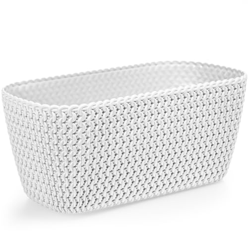 KONZEPT Blumenkasten 30 × 14,5 × 13 cm in Strick-Optik – Pflanzkasten aus Kunststoff, Seidenmatt, Frost- & UV-beständig, für Fensterbank, Balkon & Terrasse, Weiß