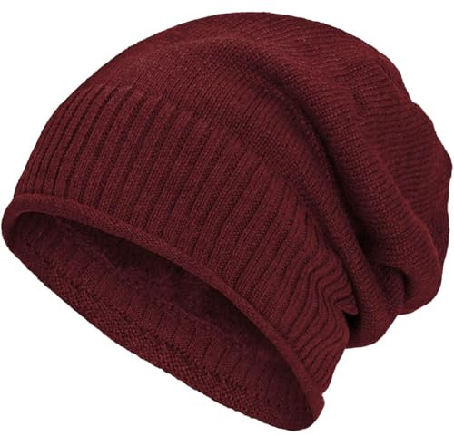 Compagno Caldo Berretto Foderato Berretto Invernale Beanie Design in Maglia fina con soffice Fodera Interna in Pile, Colore:Rosso Scuro