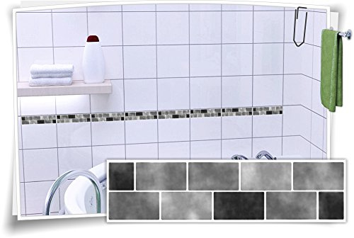Medianlux Fliesenaufkleber Fliesenbordüre Bordüre Mosaik Grau Kachel Aufkleber FB2, 8 Stück, 25x6,5cm (BxH)