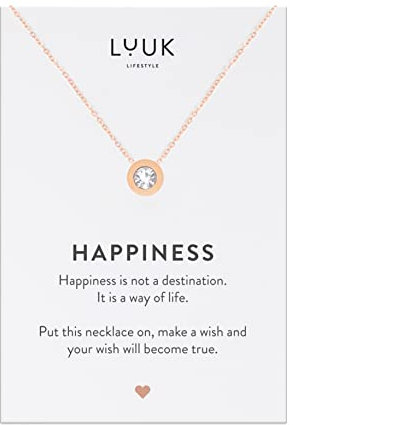 LUUK LIFESTYLE Collana in filigrana in acciaio inossidabile con ciondolo di pietra strass e biglietto HAPPINESS, idea compleanno, rosa