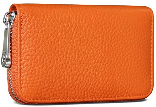 GADIEMKENSD Credit Card Holder RFID Blocking Genuine Leather Mini Credit Card Wallet Purse with Zipper Womens Small id Compact Slim Accordion Wallets Blocked Zip Case for Women Men (Orange Yellow)