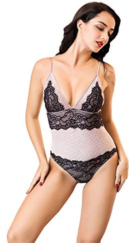PrettyLoveParis Body Teddy - Body in velluto rosa con pizzo nero, Rosa, Taglia unica