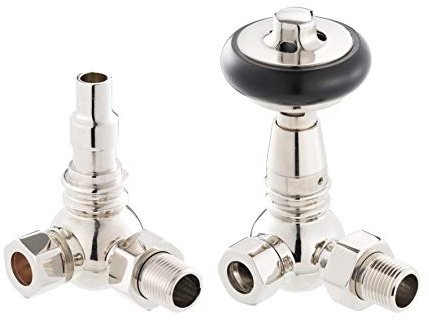 UK-15 PN Arroll traditional Polished nickel Corner Thermostatic Radiator Valve with FSC certified black wooden wheel head & lockshield