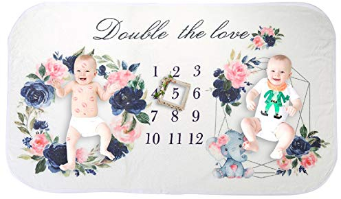 Baby Infant Monthly Milestone Blanket,Toddler Soft Floral Print Photography Backdrop Blanket for Twins Girl Boy 150cm x 90cm (59inx35.4in)