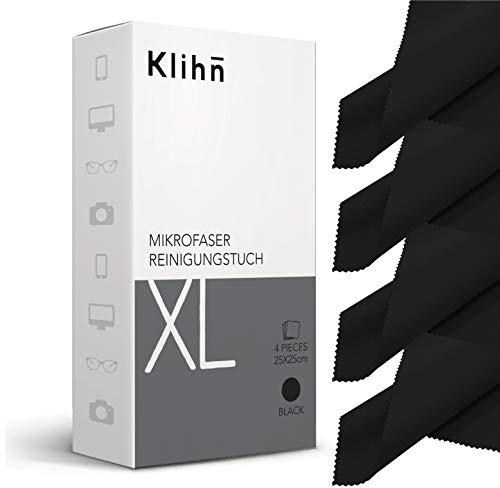 Klihn - Mikrofaser Brillenputztücher XL (4er Pack / 25cm x 25cm) in Optikerqualität auch für Displays und Objektive (Große Mikrofasertücher aus feiner Spezialfaser, waschbar) (XL-Schwarz)