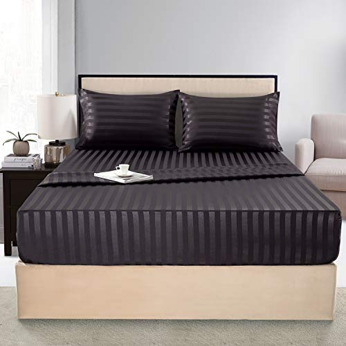 Satin-Seiden-Bettwäsche, Queen-Size-Bettwäsche, schwarz, weich, kühlend, tief, hypoallergen, knitter- und lichtbeständig, 4-teilig, gestreift