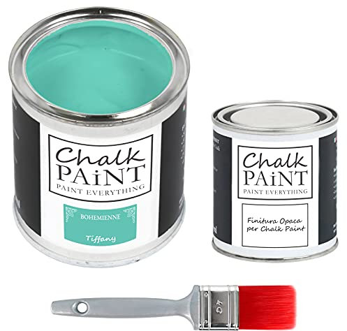 CHALK PAINT EVERYTHING Tiffany & FINITURA + PENNELLO - Kit Pronto Vernicia e Proteggi (750 ml Colore + 250 ml Finitura + Pennello Professionale 40 mm)