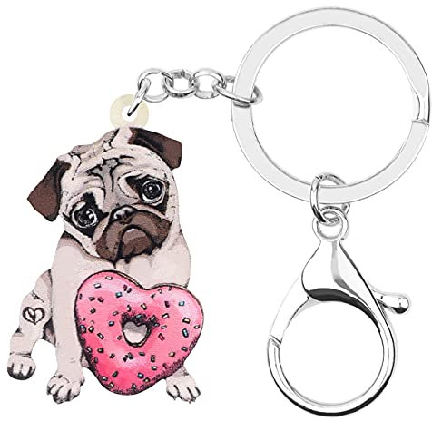 WEVENI Acryl Valentinstag Herz Donuts Mops Hund Schlüsselanhänger Neuheit Schmuck für Frauen Mädchen (Rot)
